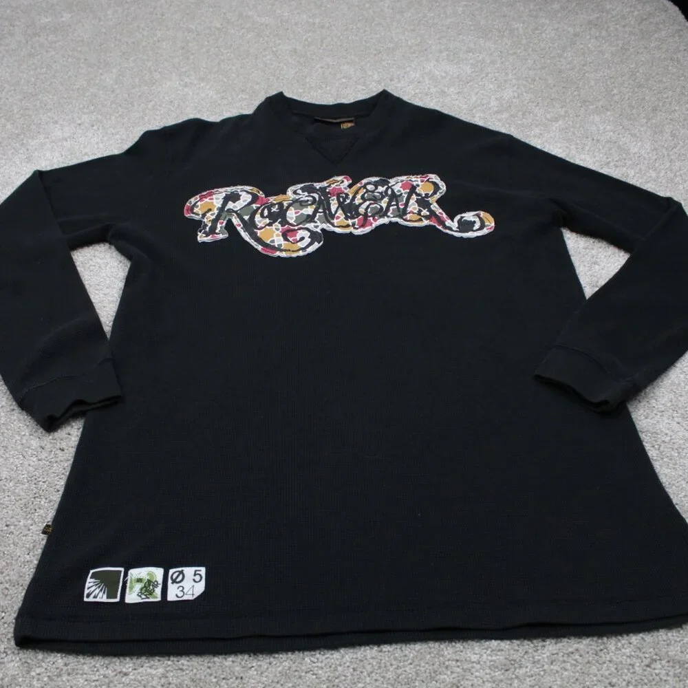 Rocawear Waffle Knit Shirt Adult 2XL XXL Black Long Sleeve Pullover‎ Crewneck